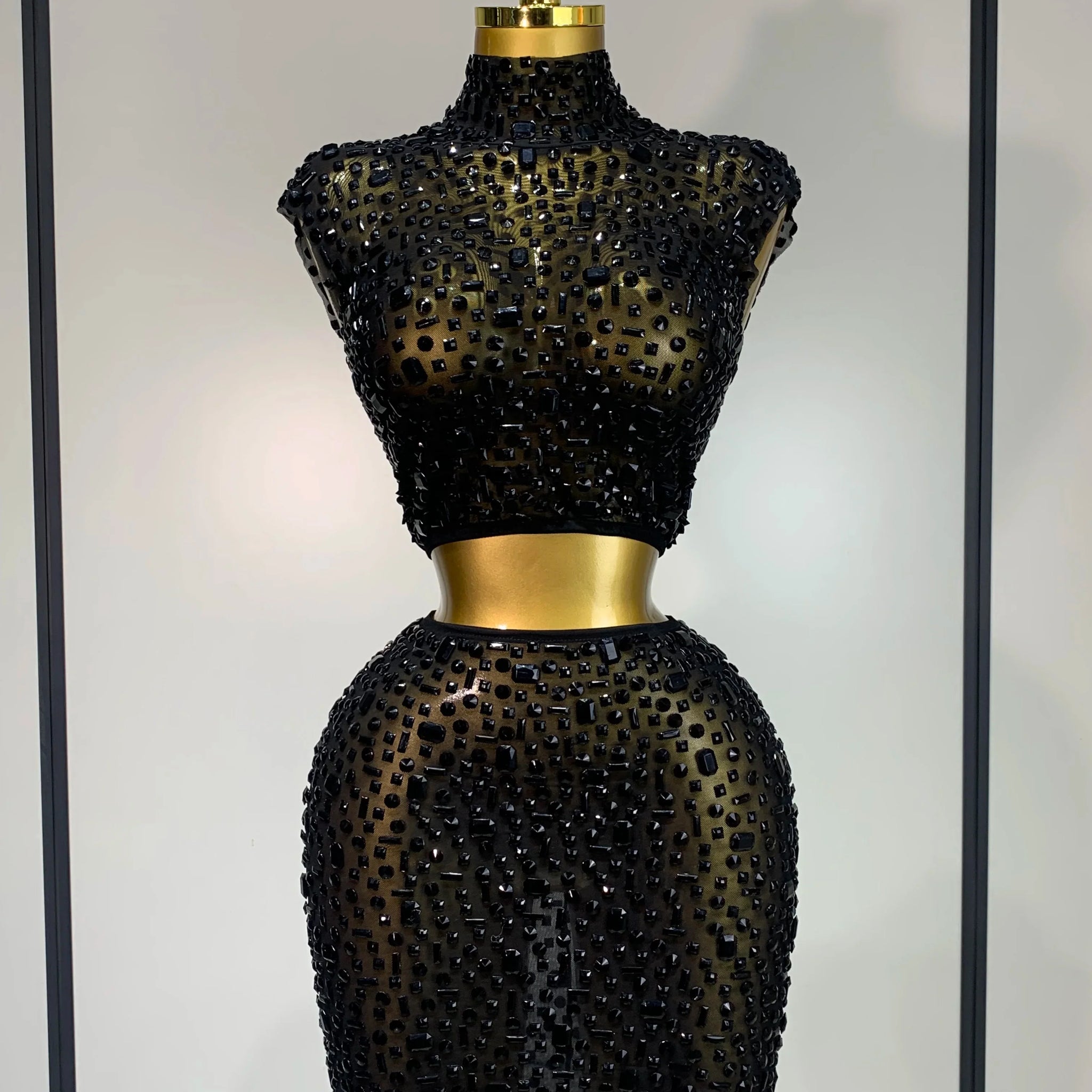 Luxury Rhinestone Mesh See Through Celebrate Birthday Dress Sparkly Top Short Skirt Two Pieces Sets Performance Stage Costume black