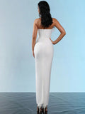 Spring Sexy Women Feather Design Bandage Dress Strapless Sleeveless Bodycon Backless Long Dress Evening Club Party Vestidos