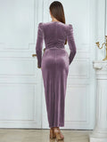 Spring Elegant Women's Velvet Dress O-neck Long Sleeve Bodycon Draped Split Body Long Dress Celebrity Evening Party Vestido