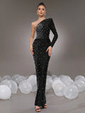Elegant Women Light Luxury Nail Bead Bandage Dress with Slant Neck Single Shoulder Sleeve Bodycon Black Long Dress Vestidos