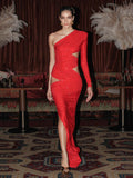 Sexy One Shoulder Hollow out Diamonds Long Dress Women Asymmetrical Cut Out Luxury Rhinestone Slim Dresses Evening Party Gowns