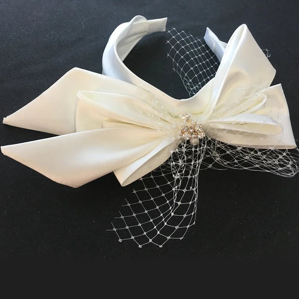 Bridal Headbands For Women Satin Mesh Bow Fascinator Wedding Hairband With Blusher Veils Elegant Party Bride Hair Accessories