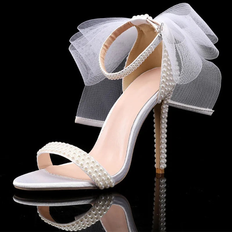 Summer New brand Fashion Bowknot Beading Women Gladiator Sandals Luxury Pearls White thin High heels Wedding Bridal Party Shoes
