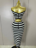 Sexy Off Shoulder Striped Button Two Piece Mini Bandage Set Women Celebrity Designer Evening Party Luxury Birthday Outfit