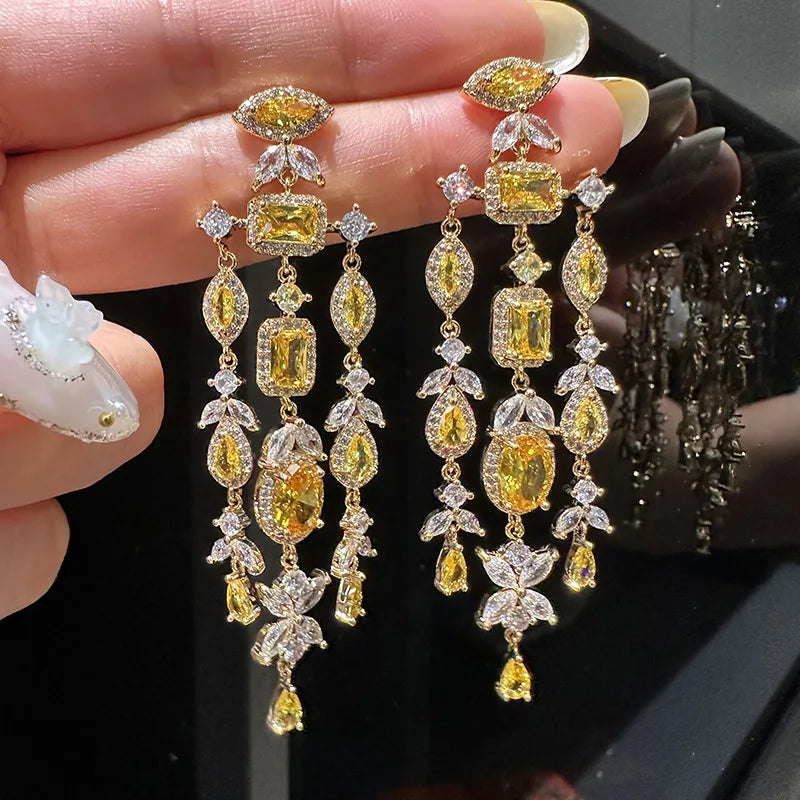 Yellow Green AAA Zircon Bridal Earrings CZ Cubic Zirconia Wedding Earring For Brides Accessories Women Gift Dinner Party Jewelry a
