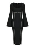 Women Light Luxury Rhinestone Bandage Dress With O-Neck Flared Sleeves Slim Fit Split Body Midi Dress Evening Club Party Vestido