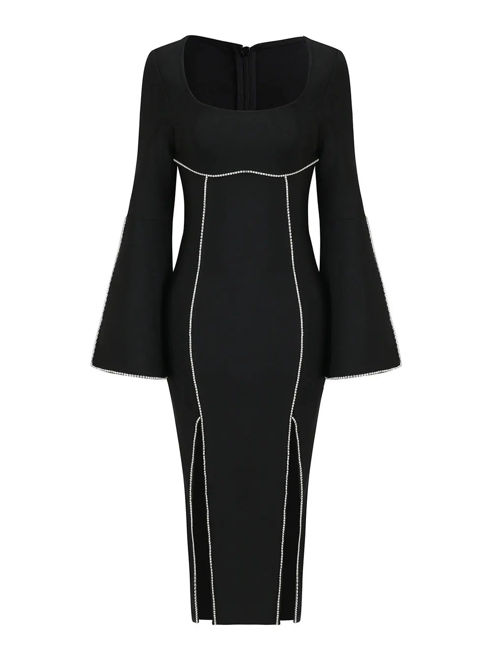 Women Light Luxury Rhinestone Bandage Dress With O-Neck Flared Sleeves Slim Fit Split Body Midi Dress Evening Club Party Vestido