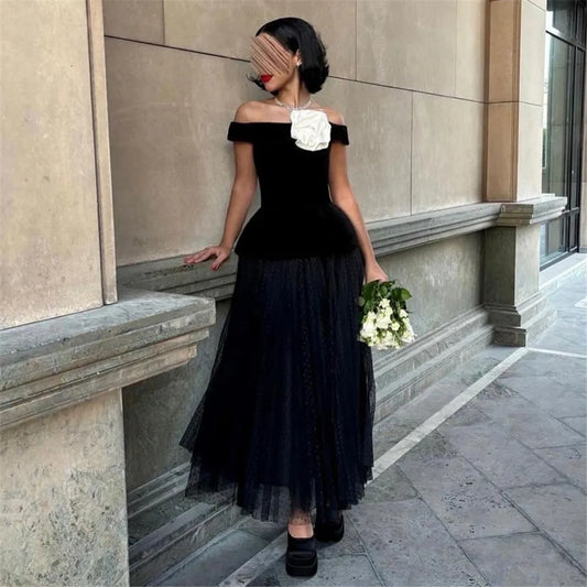 Elegant Black Satin Prom Dress A-Line Off The Shoulder Ruched Ankle Length Simple Evening Dress vestidos para mujer Black