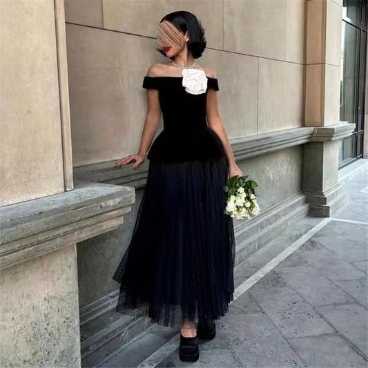 Elegant Black Satin Prom Dress A-Line Off The Shoulder Ruched Ankle Length Simple Evening Dress vestidos para mujer