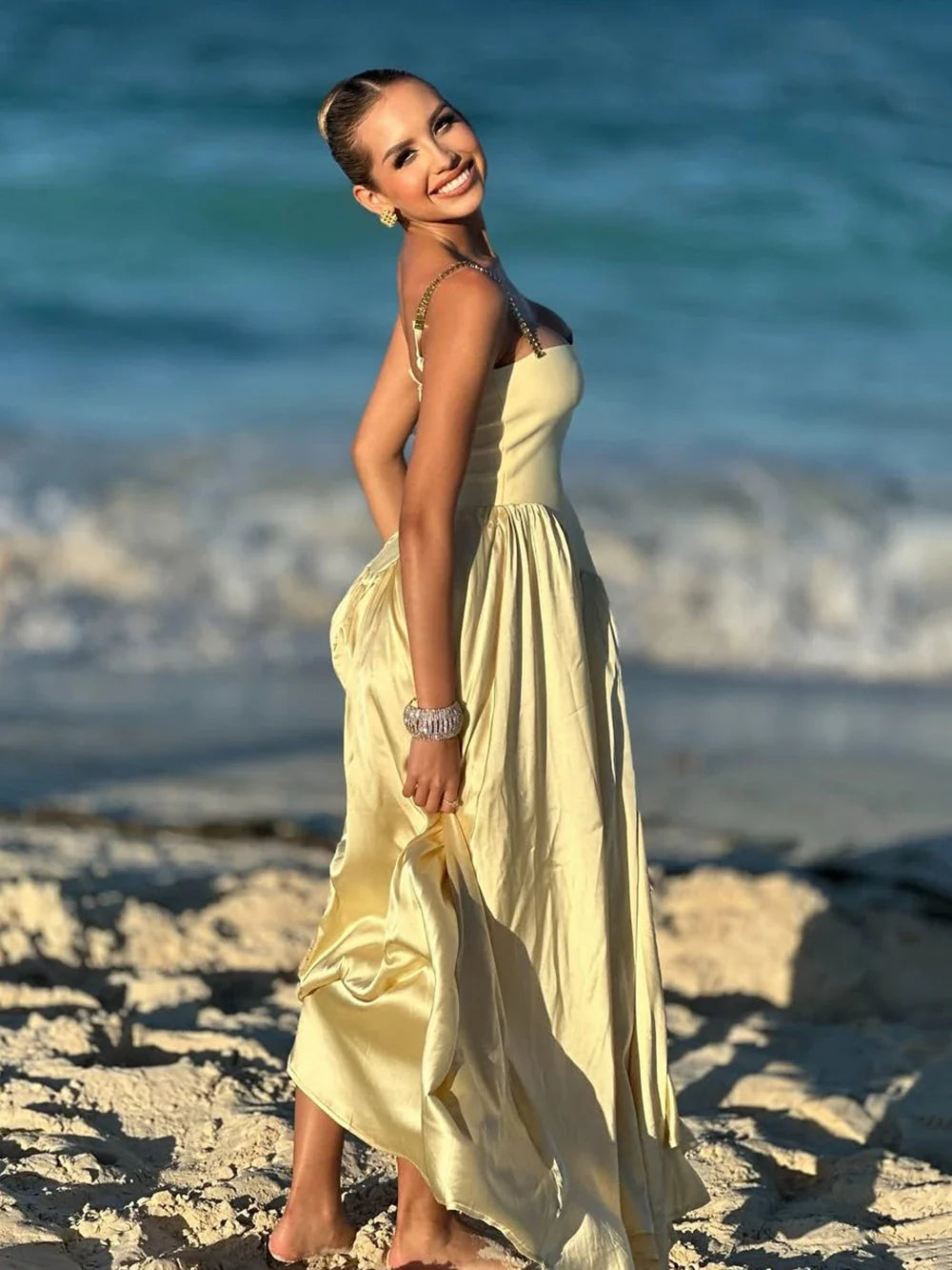Spring Women's Strap Chain Sleeveless Long Dress Fashionable Slimming Hundred Fold Elegant Dresses Evening Party Vestidos