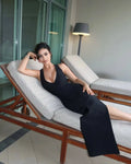 Black Color Women Sleeveless Sesxy V-Neck Lace Bodycon Long Bandage Dress Fashion Celebrate Evening Party Birthday Cocktail Wear