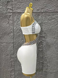 White Color Women Sleeveless Sexy Shinning Diamond Bodycon Mini Dress Birthday Party Celebrate Nightclub Outfit Vestido