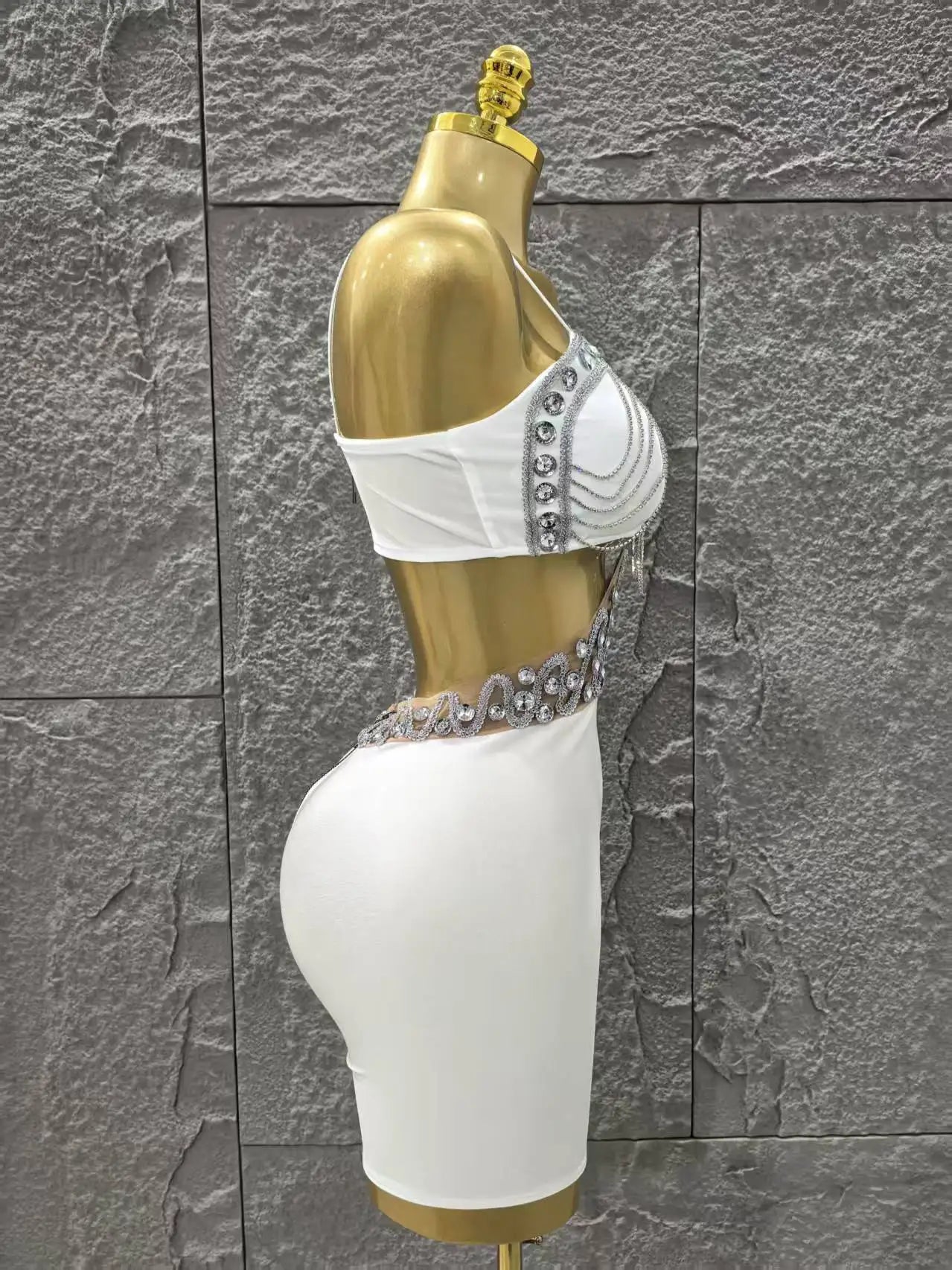 White Color Women Sleeveless Sexy Shinning Diamond Bodycon Mini Dress Birthday Party Celebrate Nightclub Outfit Vestido