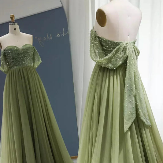 Green Shiny Sequins Prom Dresses Off the Shoulder Tulle Wedding Dress Elegant Sleeveless Floor-Length Vestidos De Fiesta