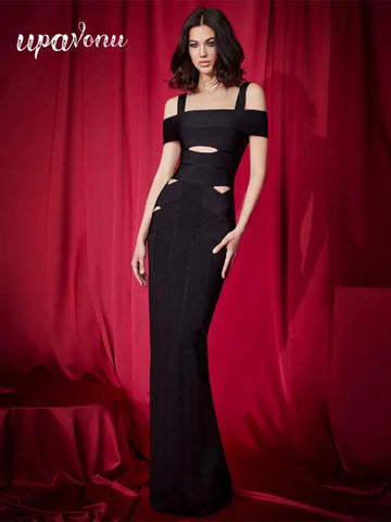 Sexy Women's Hollow Design Bandage Dress Spaghetti Strap Shoulder Sleeve Bodycon Long Dress Cocktail Evening Party Vestidos
