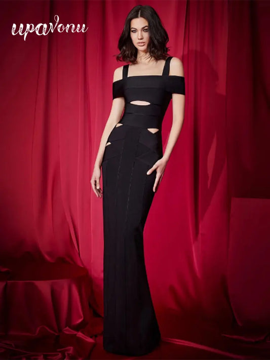Sexy Women's Hollow Design Bandage Dress Spaghetti Strap Shoulder Sleeve Bodycon Long Dress Cocktail Evening Party Vestidos