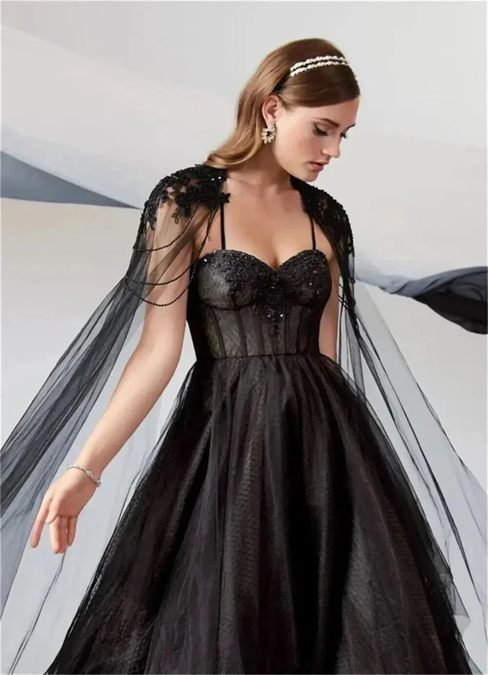 V-neck Black Tulle Elegant A-line Prom Dresses, 3D tulle Floral Detachable Sleeves, Newest Prom Dresses, Little Black Dresses V-neck Black Tulle Elegant A-line Prom Dresses, 3D tulle Floral Detachable Sleeves, Newest Prom Dresses, Little Black Dresses