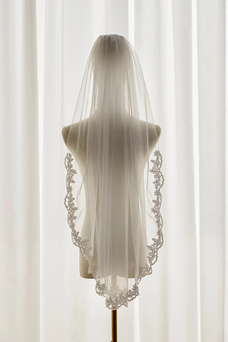 Floral Lace Edge Bridal Veil Fingertip Ivory Wedding Veil