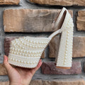 Luxury Handmade Full Pearls Beaded Platform Wedges Women Pumps Fashion Chunky Heeled Ultra High heels Banquet Dress Wedding Shoe