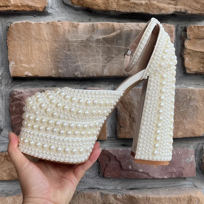 Luxury Handmade Full Pearls Beaded Platform Wedges Women Pumps Fashion Chunky Heeled Ultra High heels Banquet Dress Wedding Shoe
