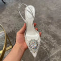 Luxury Diamond Pearls Lace Mesh Women Pumps Elegant Pointed toe Thin High heels Fashion Summer Slingbacks Wedding Party Shoes