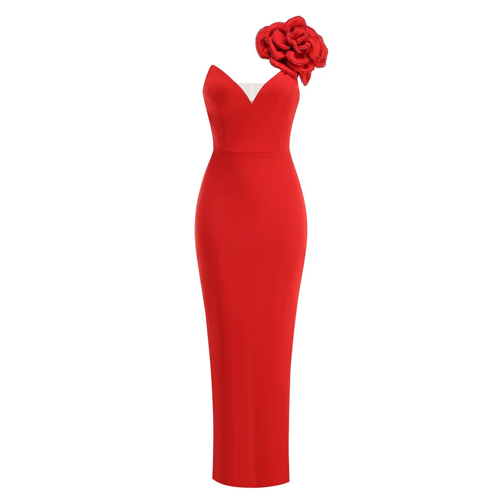 Red Color Women Sexy One Shoulder Shinning Sequins Florals Bodycon Long Dress Fashion Celebrate Wedding Party Dress Vestido