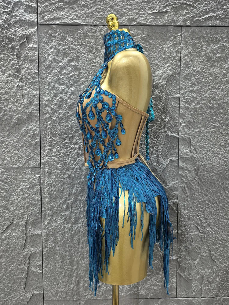 Women Sexy Shinning Crystal Sequisn Tassels 2 Pieces Bodycon Mini Dress Nightclub Party Bar Dancer Performance Costume