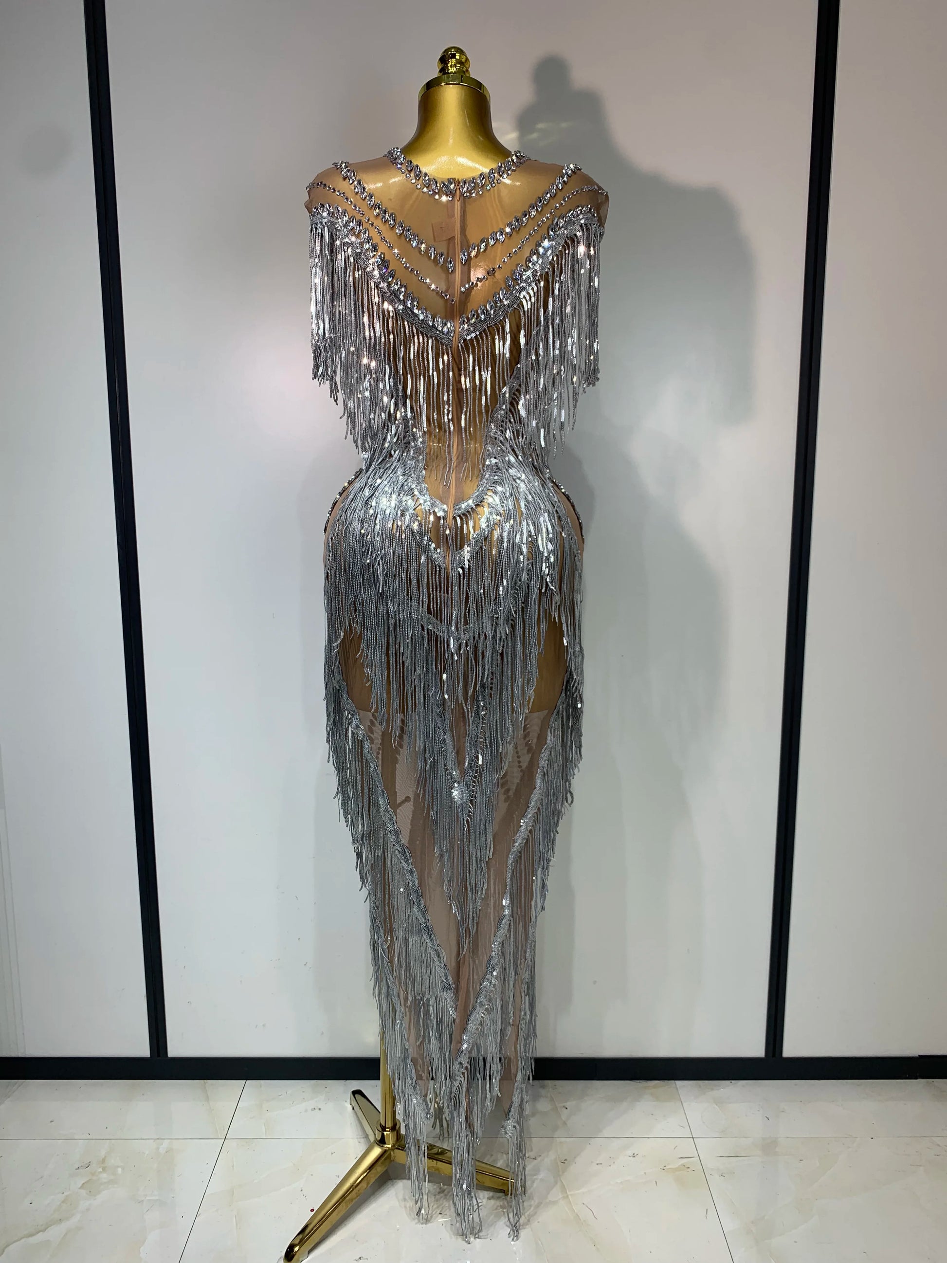 Luxury Sparkly Diamonds Tassels Sexy Mesh Sheer Long Dress Women Evening Birthday Party Nightclub Bar Festival Stage Costumes