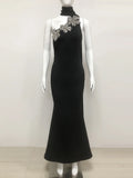 Elegant Solid Diamond Flower Bandage Women Halter Dress Off Shoulder Sleeveless Backless Slim Female Maxi Dresses Lady Robe