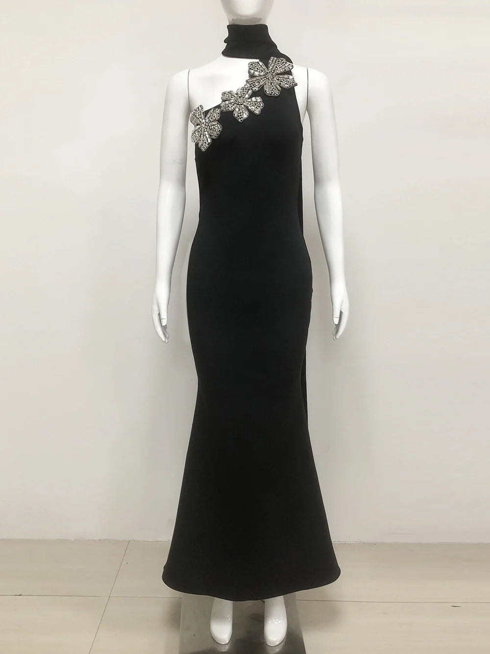 Elegant Solid Diamond Flower Bandage Women Halter Dress Off Shoulder Sleeveless Backless Slim Female Maxi Dresses Lady Robe