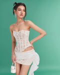 2024 New Fashion White Color Women Sexy Strapless 2 Pieces Bodycon Lace Draped Mini Dress Birthday Party Girls' Date Outfit