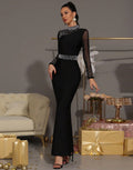 Sexy Women Light Luxury Nail Bead Patchwork Bandage Dress Stand Collar Long Sleeved Bodycon Black Long Dress Party Vestidos black