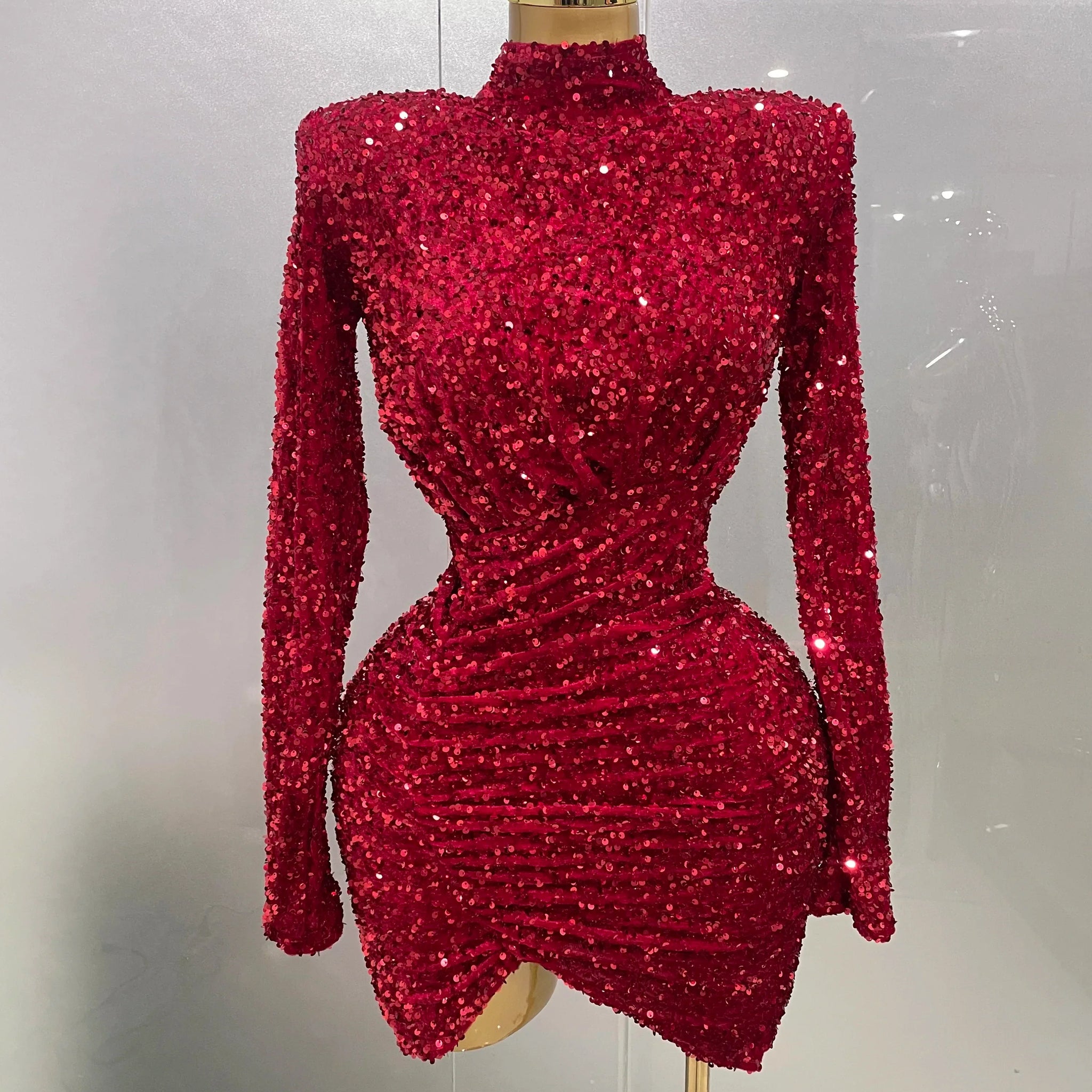 Sexy Sparkly Red Sequins Long Sleeve Short Dress Women Evening Celebrate Birthday Party Club Performance Stage Costume Red
