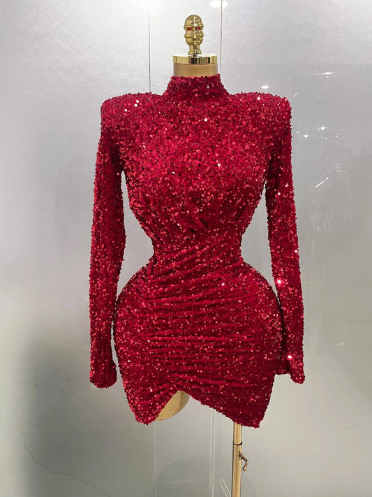 Sexy Sparkly Red Sequins Long Sleeve Short Dress Women Evening Celebrate Birthday Party Club Performance Stage Costume Red