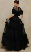 Black Multilaye Evening Dress Wave Point Prom Dress Sexy O-neck Party Dress Tulle A-line فساتين مناسبة رسمية