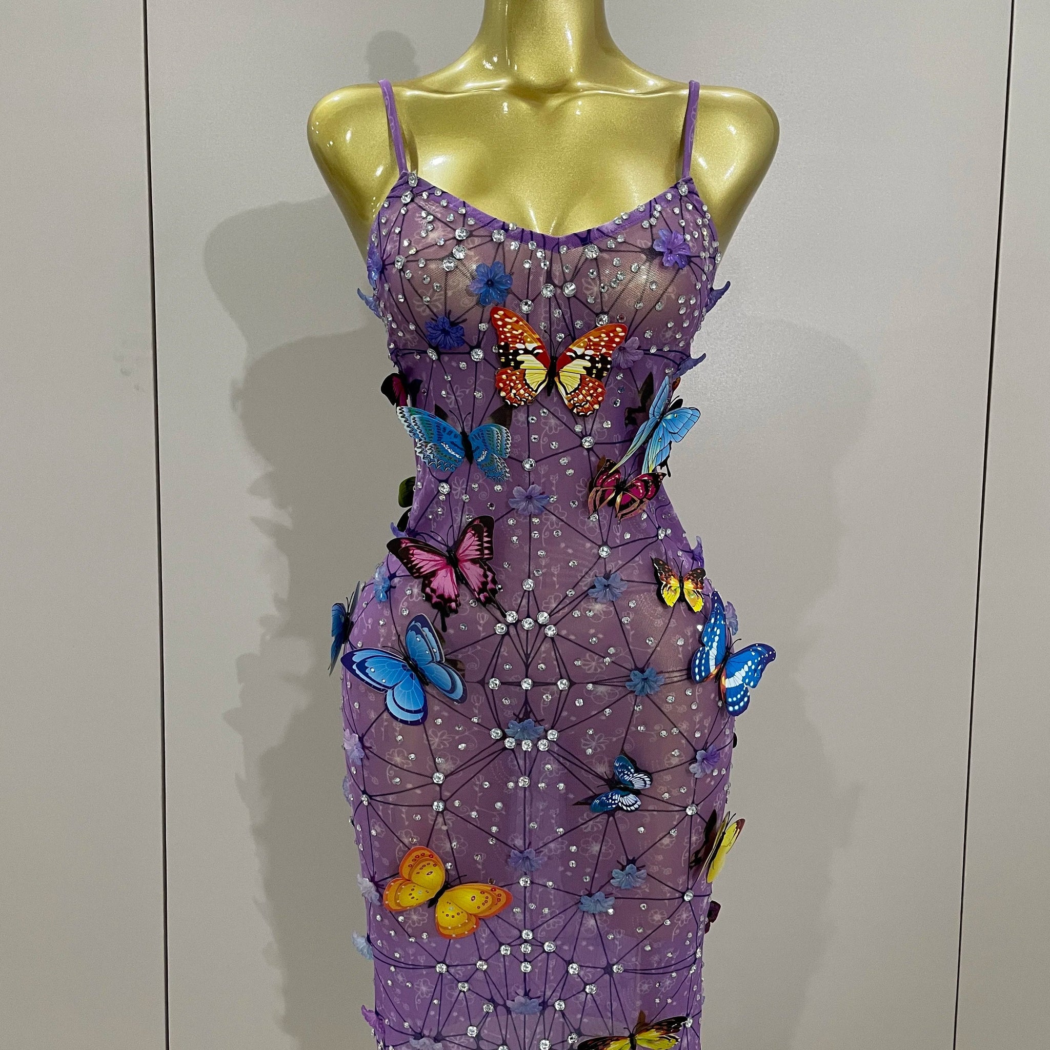 Women Celebrity Luxury Birthday Nightclub Stage Outfit Sparkly Butterfly Purple Sexy Mesh See Through Dress PURPLE