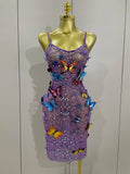 Women Celebrity Luxury Birthday Nightclub Stage Outfit Sparkly Butterfly Purple Sexy Mesh See Through Dress PURPLE