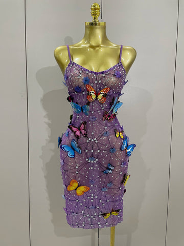 Women Celebrity Luxury Birthday Nightclub Stage Outfit Sparkly Butterfly Purple Sexy Mesh See Through Dress PURPLE