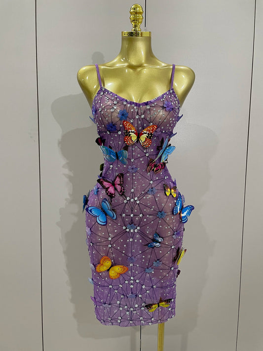 Women Celebrity Luxury Birthday Nightclub Stage Outfit Sparkly Butterfly Purple Sexy Mesh See Through Dress PURPLE