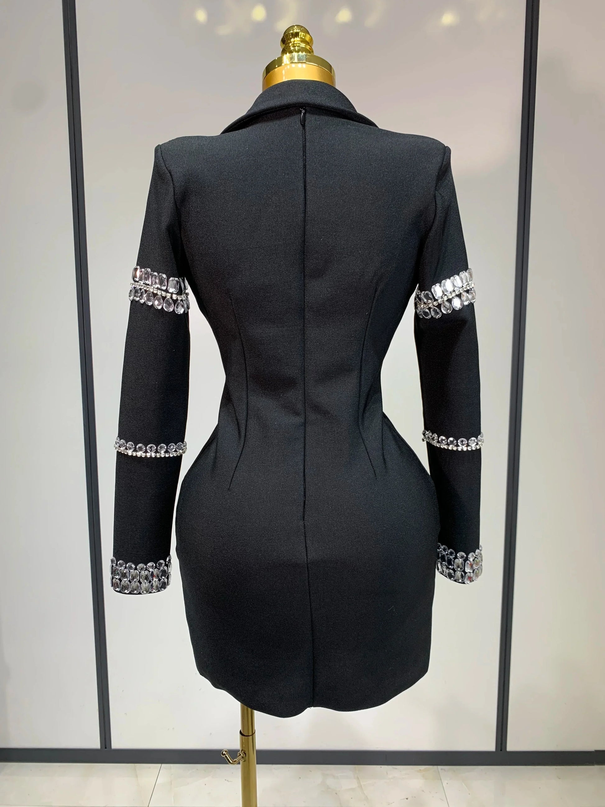 Women Sexy Long Sleeve V Neck Beading Rhinestone Mini Bodycon Bandage Dress Celebrity Elegant Evening Party Birthday Dress