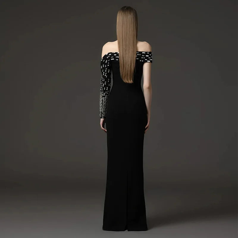 Spacial Design Luxury Diamonds Sexy Off The Shoulder Black Ankle Length Bandage Dress Woman Party Vestido Birthday Party Outfit