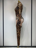 Women Stretch Leopard Print Sexy Bodycon Jumpsuit Bar Nightclub Singer Dancer Luxury Diamond Stage Performance Outfit