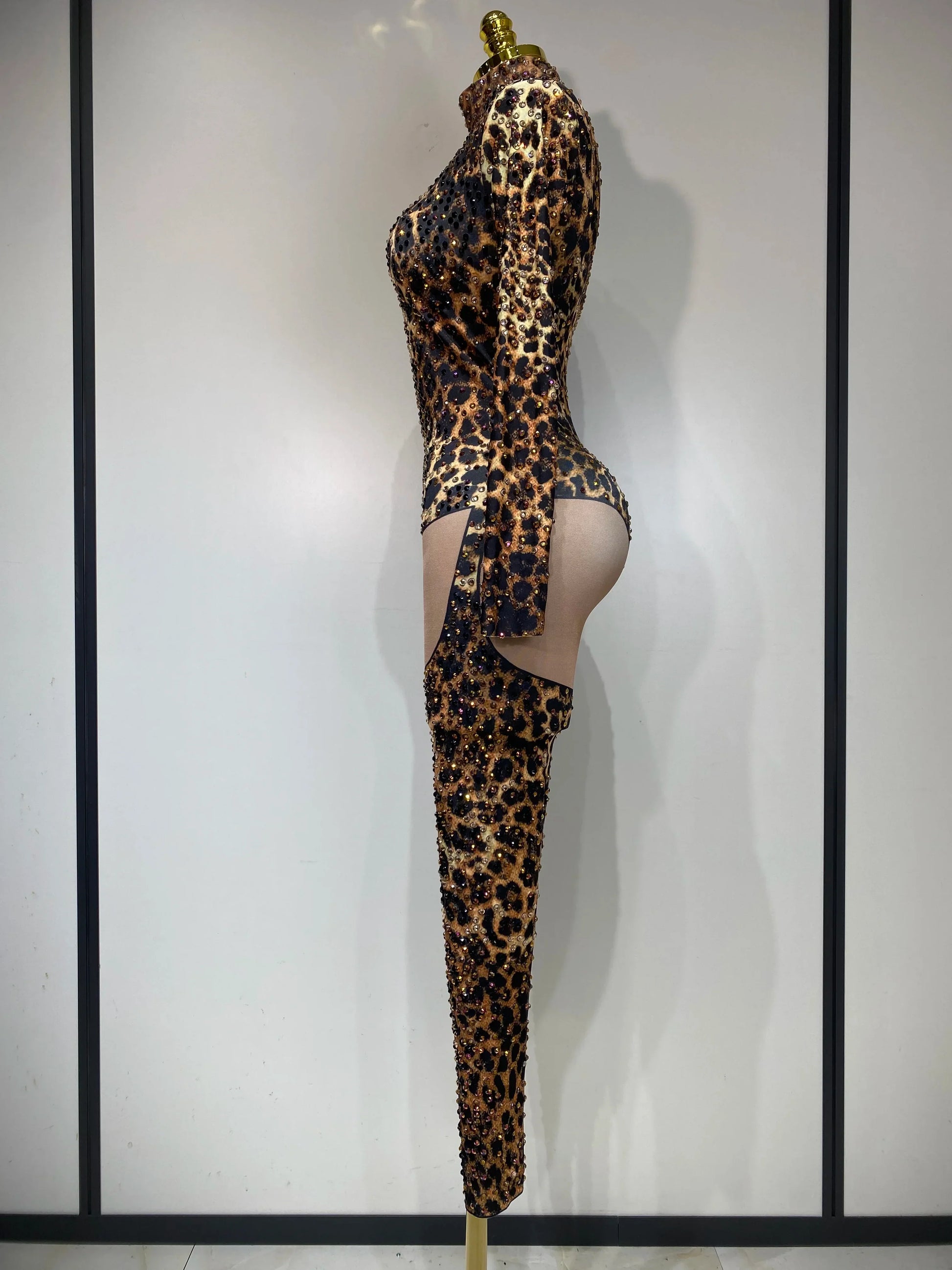 Women Stretch Leopard Print Sexy Bodycon Jumpsuit Bar Nightclub Singer Dancer Luxury Diamond Stage Performance Outfit
