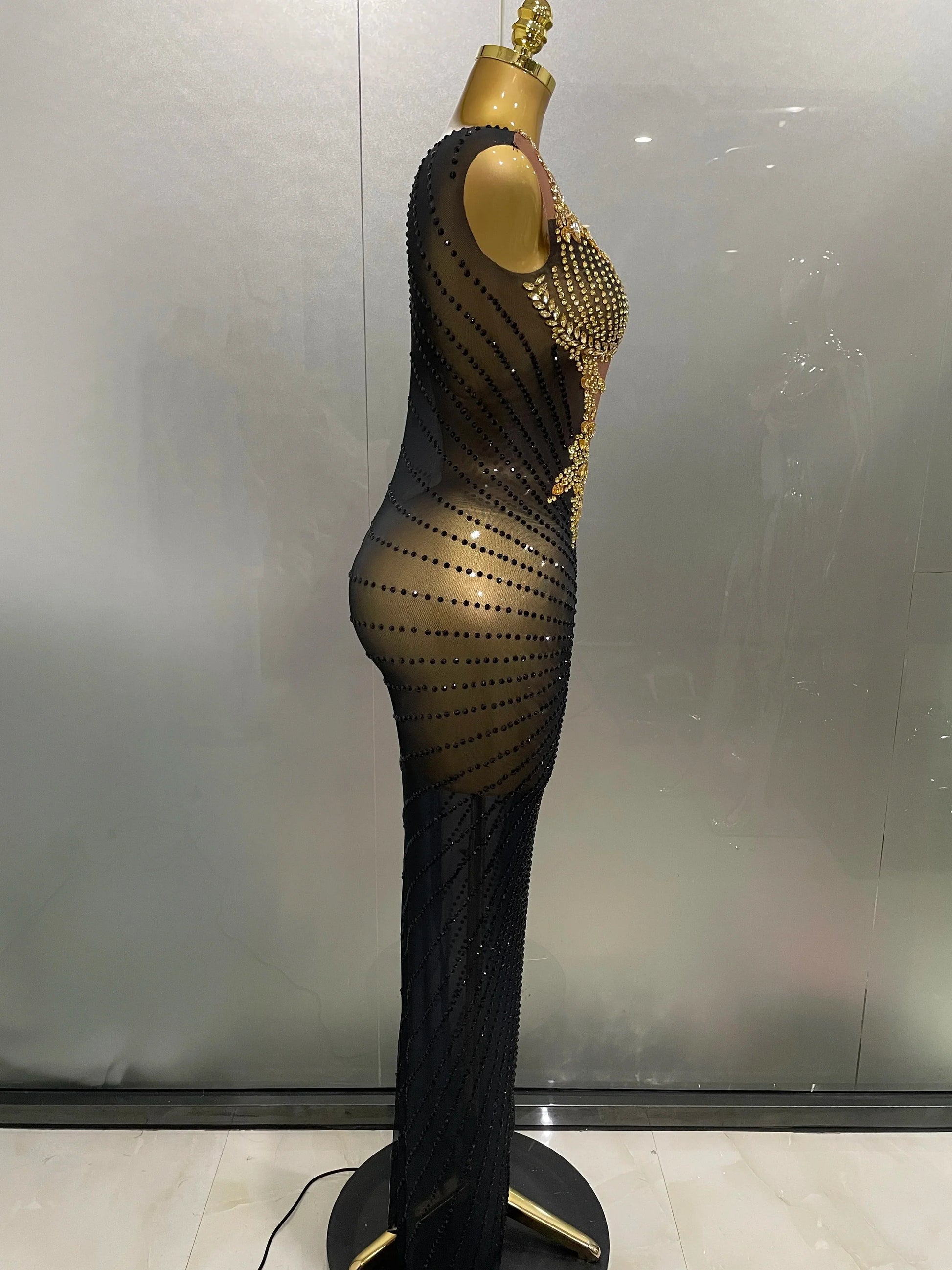Sexy Sparkly Rhinestones Sleeveless Long Dress Women Birthday Celebrate Evening Photo Shoot Stage Performance Costume