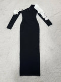 Sexy Women's 3D Flower Decorative Bandage Dress with Diagonal Collar Long Sleeve Bodycon Split Length Dress Party Vestidos