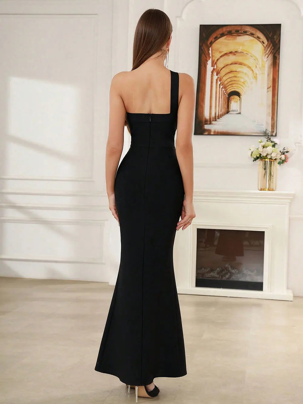 2024 Sexy Women's Wear Beaded Water Diamond Bandage Dress One Shoulder Sleeveless Bodycon Off the Back Long Dress Party Vestido