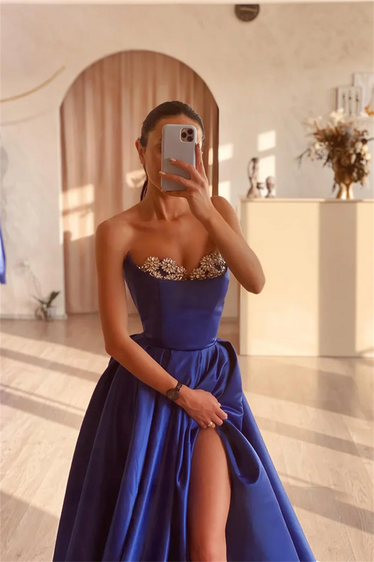Dark Blue Prom Dresses Off Shoulder Satin vestidos de fiesta Elegant Sleeveless A-line Sexy Side High Split Party Dress