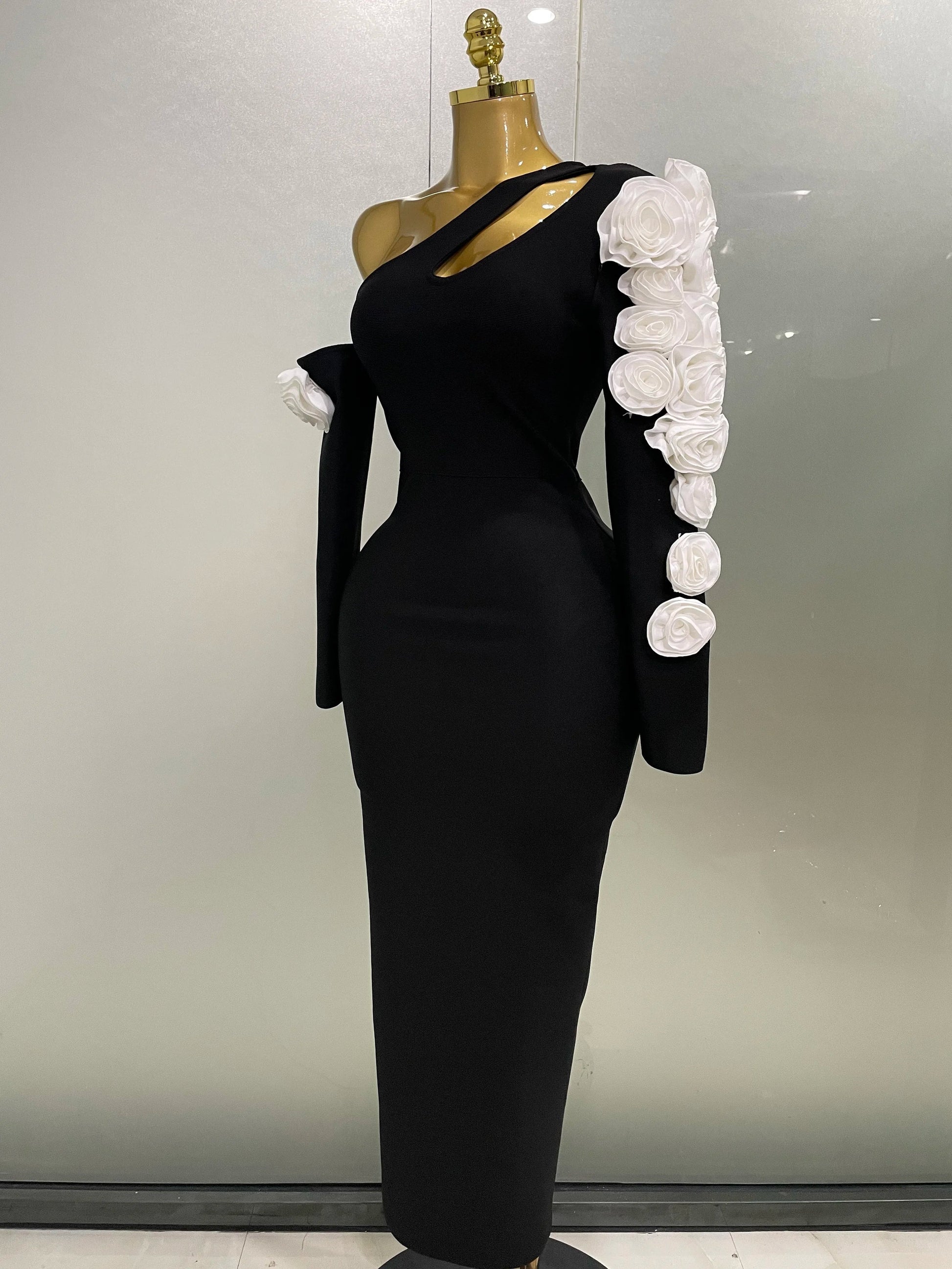 Sexy One Shoulder Key Hole Flower Maxi Long Bodycon Bandage Dress Women Knitted Elegant Evening Club Party Outfit