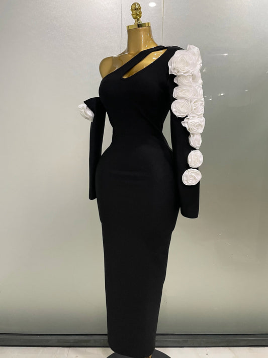 Sexy One Shoulder Key Hole Flower Maxi Long Bodycon Bandage Dress Women Knitted Elegant Evening Club Party Outfit
