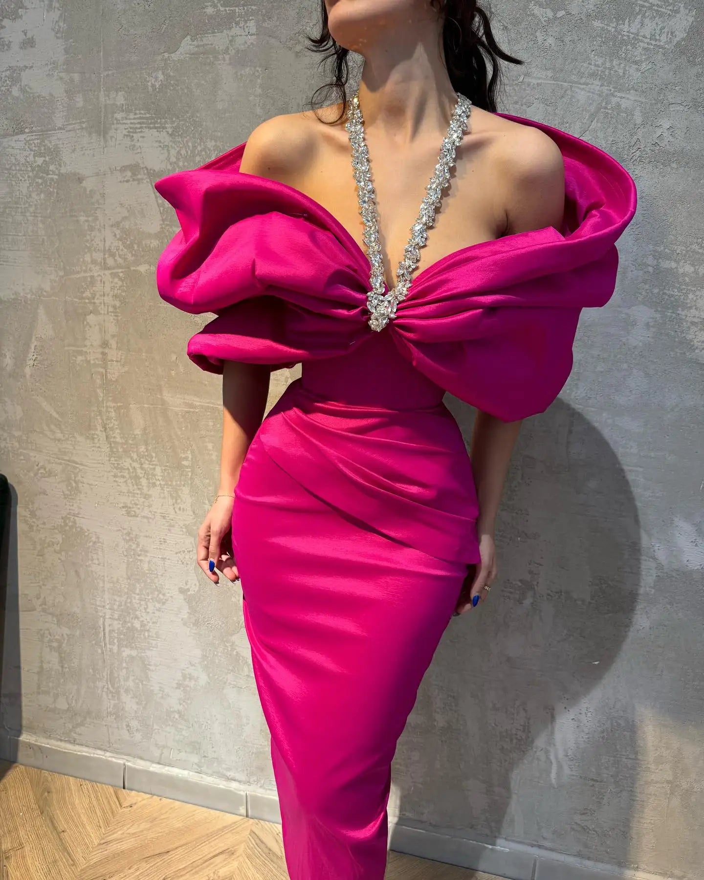 Red Blue Women Sexy Off the Shoulder Crystal Halter Bodycon Long Bandage Dress Celebrate Evening Party Cocktail Outfit Fuchsia